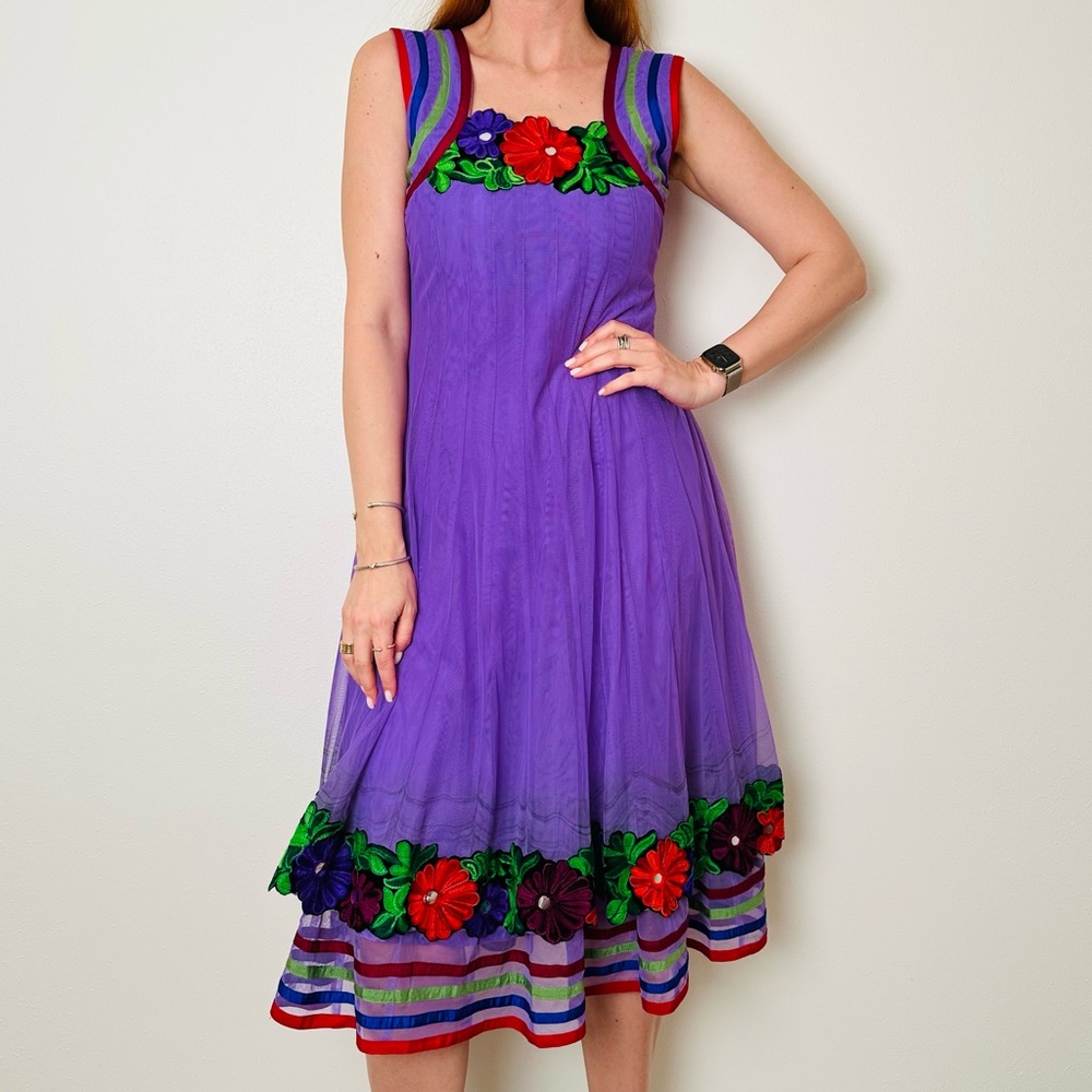 Vintage Phool Dress Indian Vibrant Purple Floral Embroidered Midi